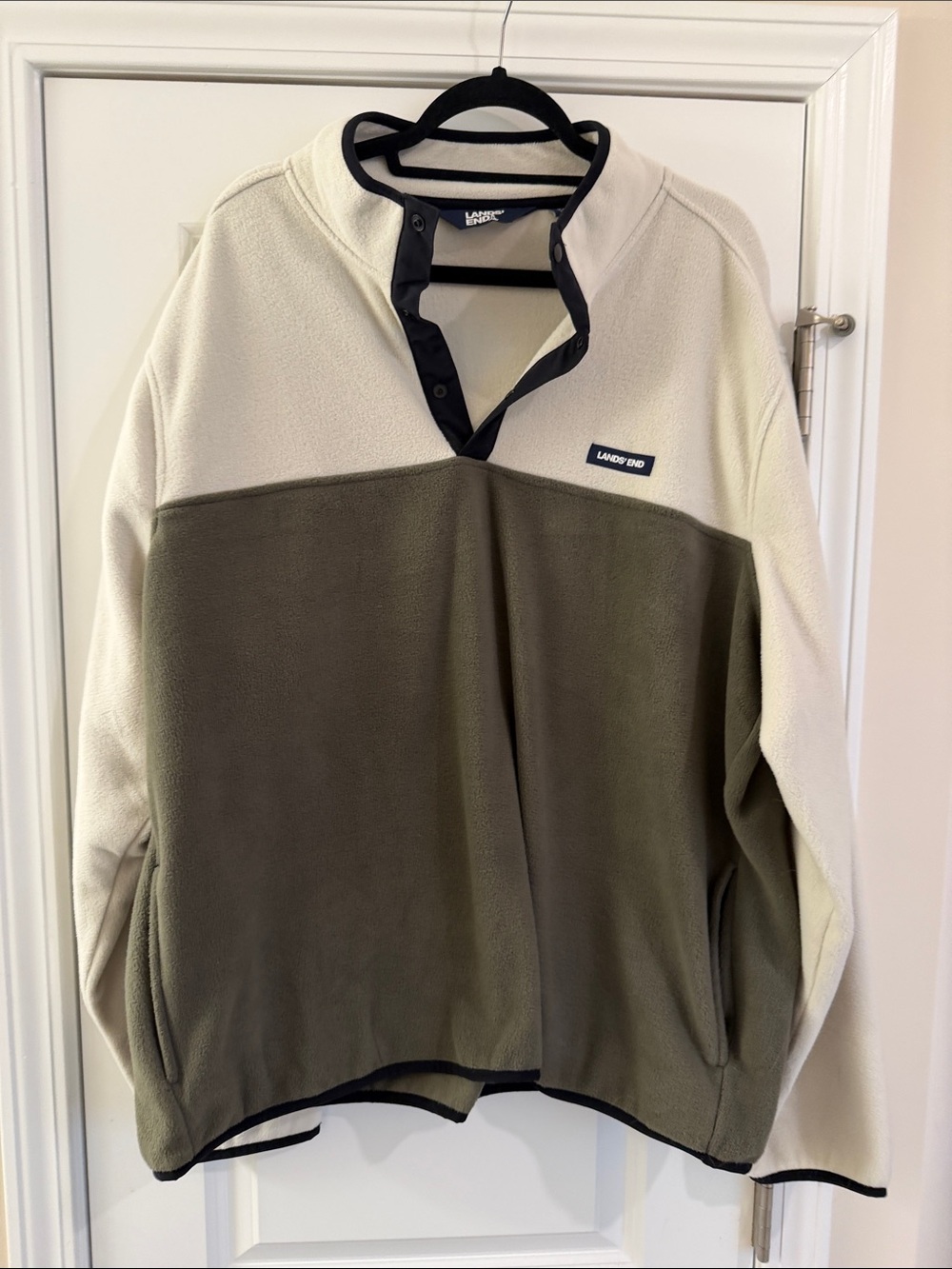 Lands' End Men’s Two-Tone Olive and Cream Fleece Pullover with snaps